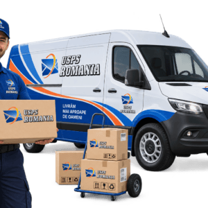 Curier USPS România cu un colet lângă o autoutilitară de livrare